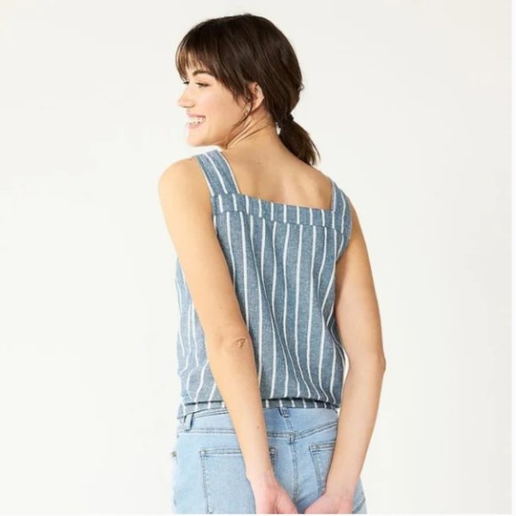 NWT- Sonoma Tie-Hem Squareneck Tank in Denim Blue Stripe Print - Picture 2 of 3